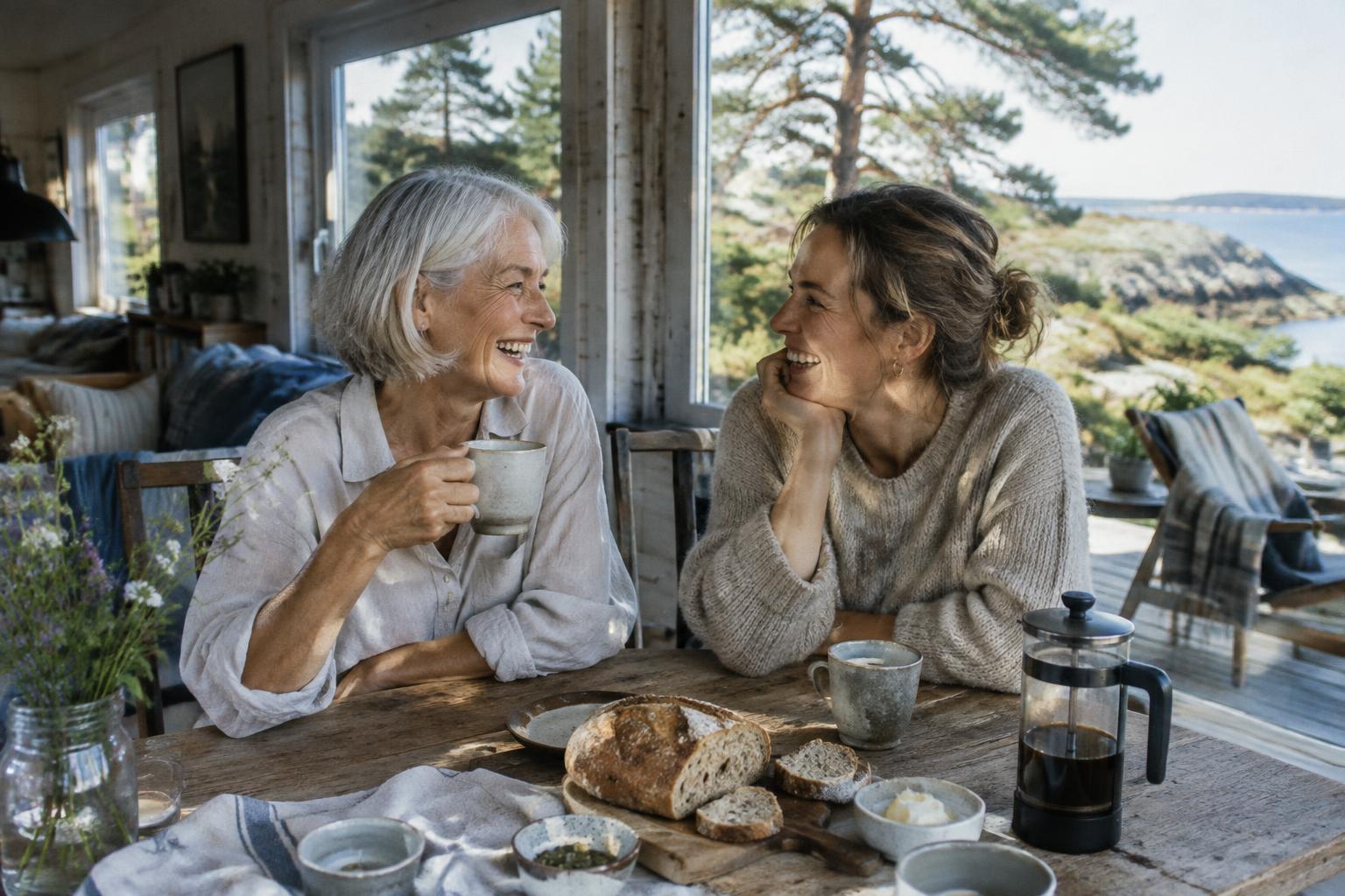 A silver-haired woman and her daughter laughing over coffee in a coastal home